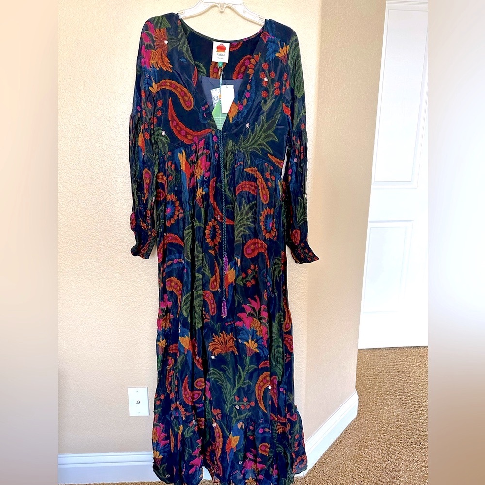 Maxi dress, navy with colorful print, beadwork and mirrors